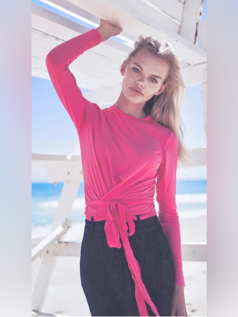 MELI Long Sleeve Wrap Tie Tee-Hot Pink: Size Large